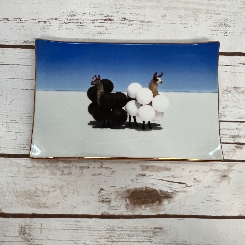 NIB Gray Malin Porcelain Tray Blue White Llamas with Balloons Gold Rim